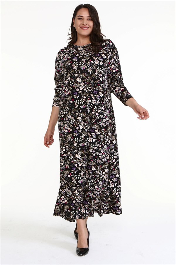 Myline-Çiçekli Penye Elbise-Büyük Beden Günlük Elbiseler-66998