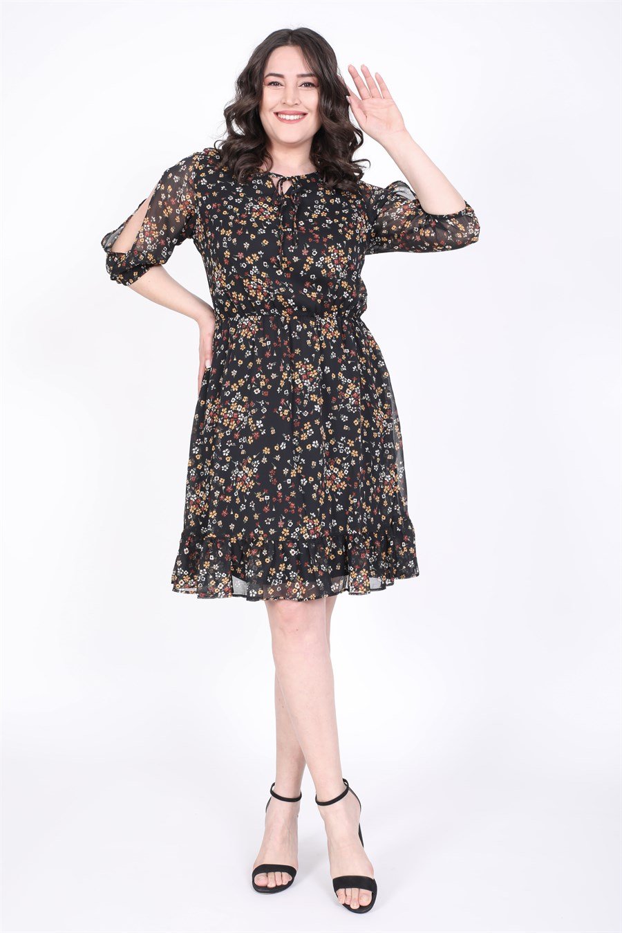 Myline-Kol Detaylı Şifon Desenli Elbise-Büyük Beden Günlük Elbiseler-34247