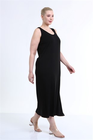 Myline-Askılı Yırtmaç Detaylı Penye Elbise -Büyük Beden Günlük Elbiseler-66423