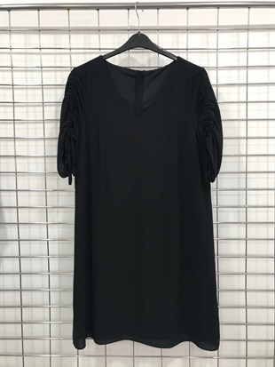 Myline-Astarlı V-Yakalı Arkası Fermuarlı Elbise-Büyük Beden Outlet-45605