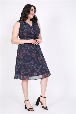 Myline-Çapraz Biye Detaylı Şifon Elbise-Büyük Beden Günlük Elbiseler-45418
