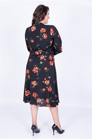 Myline-Çiçek Desenli Anvelop Elbise-Büyük Beden Günlük Elbiseler-35054