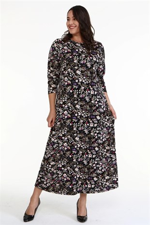 Myline-Çiçekli Penye Elbise-Büyük Beden Günlük Elbiseler-66998