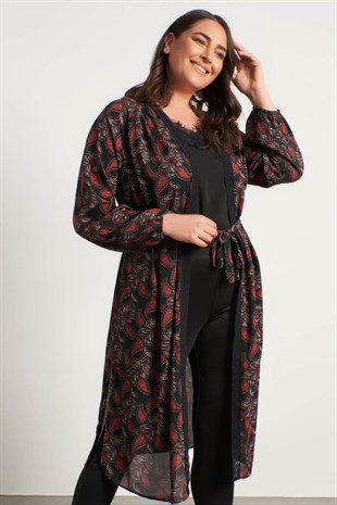 Myline-Dantel Şerit Detay Uzun Kimono-Büyük Beden Hırka-56287