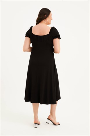 Myline-Kare Yaka Yırtmaçlı Penye Elbise-Büyük Beden Günlük Elbiseler-77571