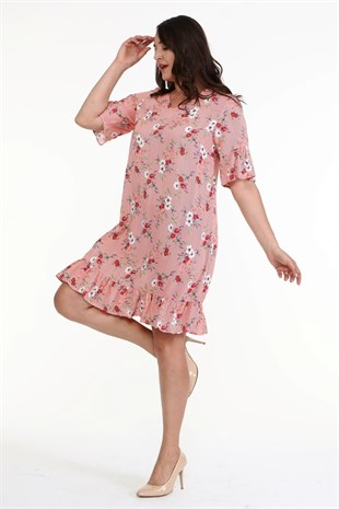 Myline-Kol Detaylı Desenli Elbise-Büyük Beden Günlük Elbiseler-23932