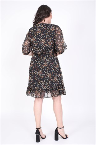 Myline-Kol Detaylı Şifon Desenli Elbise-Büyük Beden Günlük Elbiseler-34247