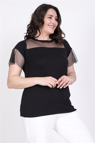 Myline-Önü Ve Kolları Tül Detaylı T-Shirt-Büyük Beden Tişört-45427