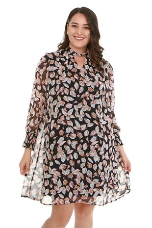 Myline-Yaka Detaylı Gipeli Şifon Elbise-Büyük Beden Günlük Elbiseler-67031
