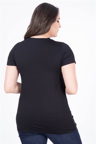 Myline-Yakası Dantel Detaylı T-Shirt-Büyük Beden Tişört-23740
