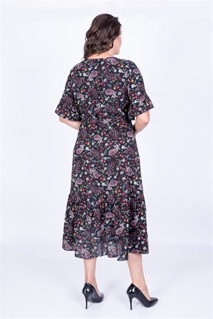 Myline-Yarım Kol Fırfır Detaylı Elbise-Büyük Beden Günlük Elbiseler-35026